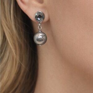 Chanel Silver Crystal and CC Pearl Drop Earrings